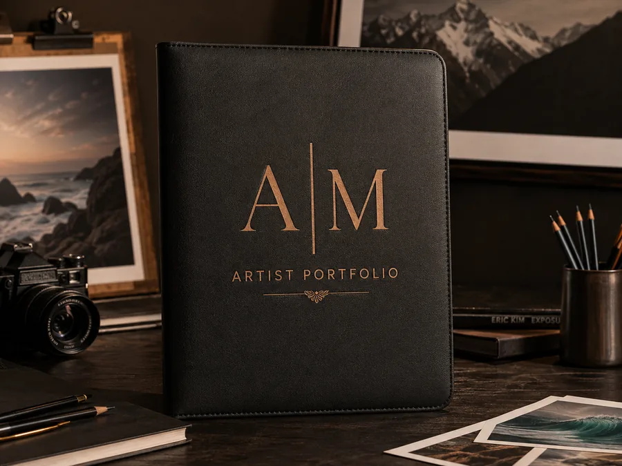 Black artist portfolio folio engraved with initials A and M