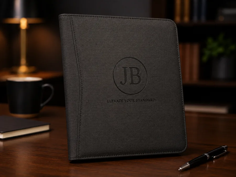 Black business portfolio engraved with initials