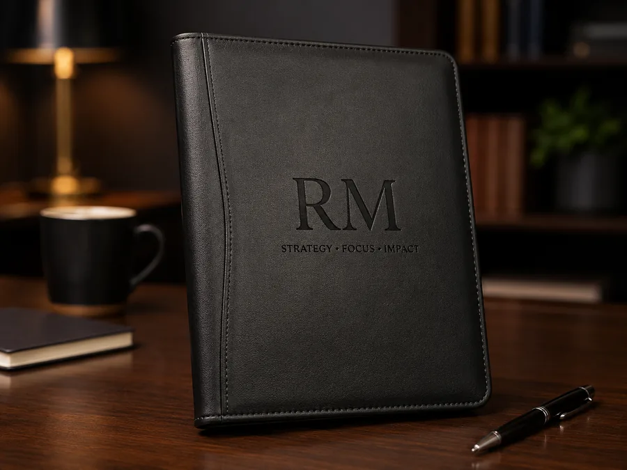Black business portfolio engraved with initials RM, strategy focus impact