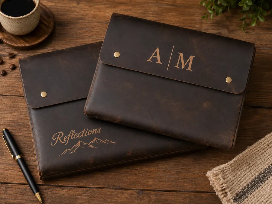 Leather folios engraved with initials on a desk