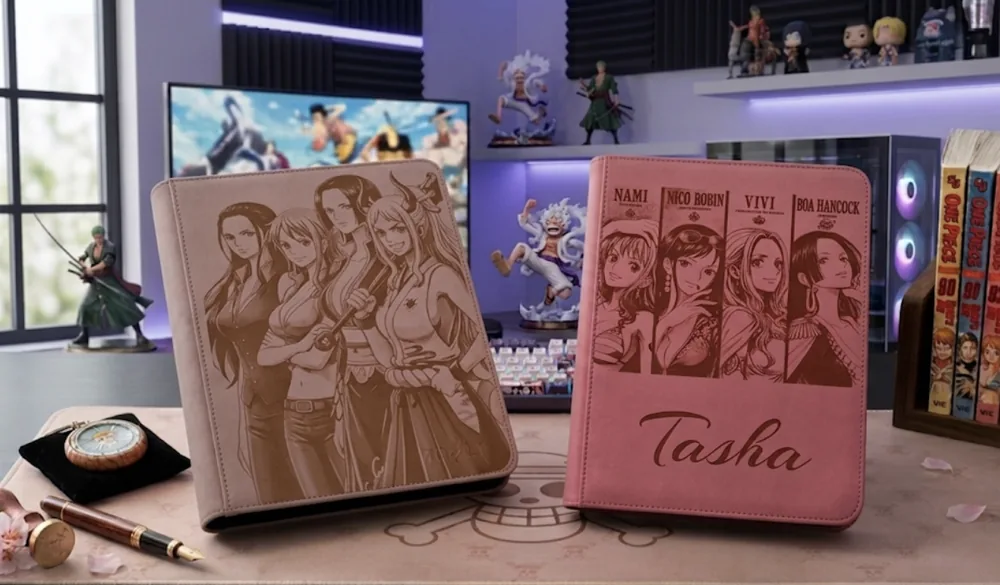 Two custom engraved binders, including a personalized name design, displayed together