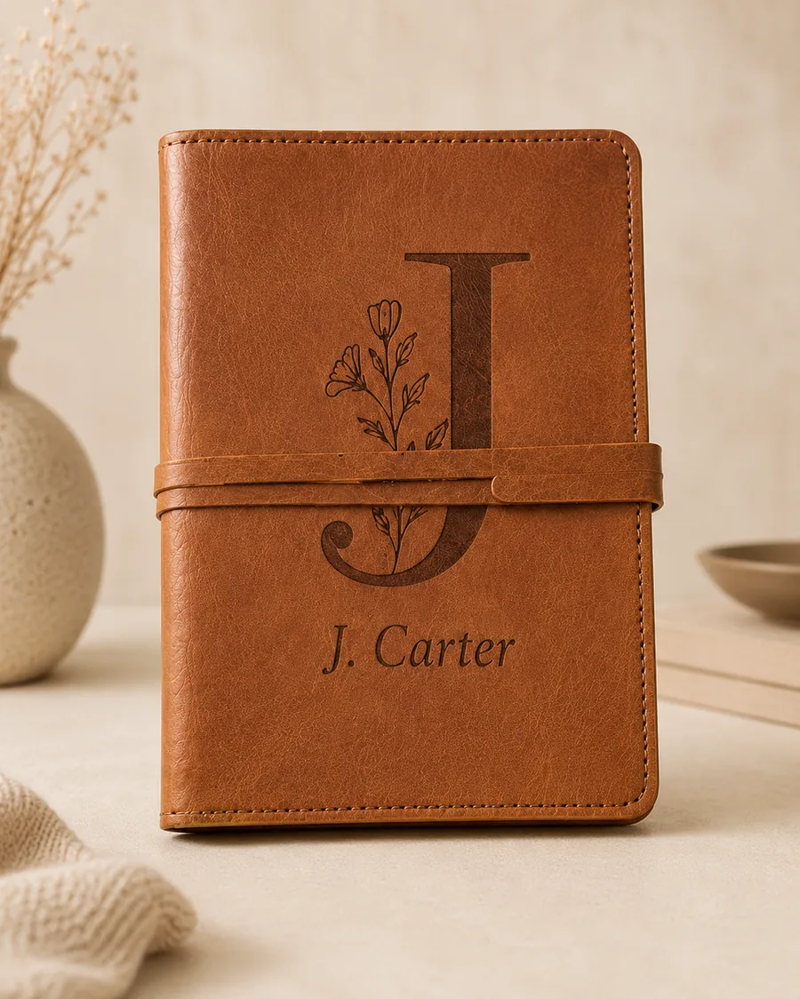 Tan leather journal engraved with initial J and name J. Carter
