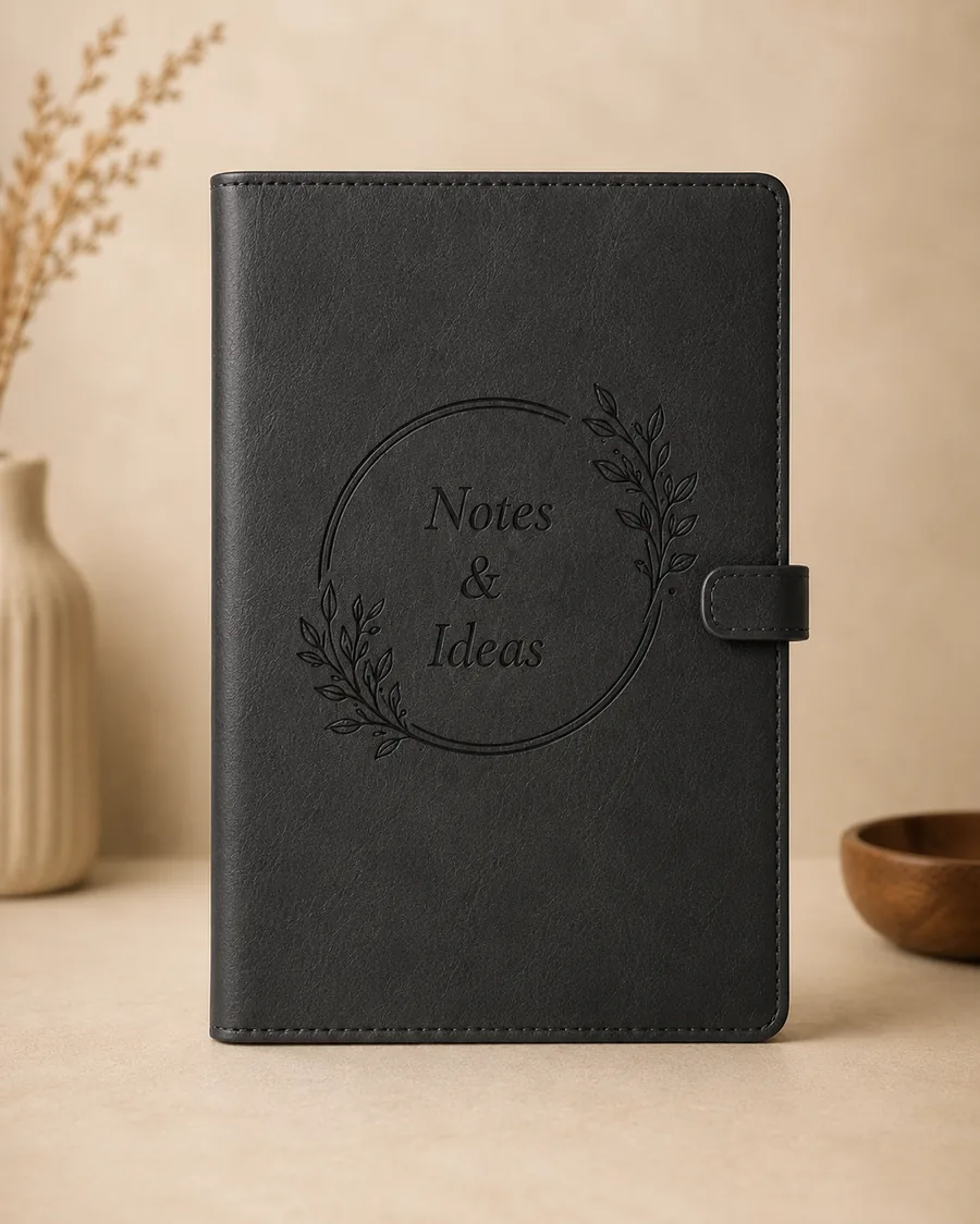 Black leather journal engraved with Notes and Ideas