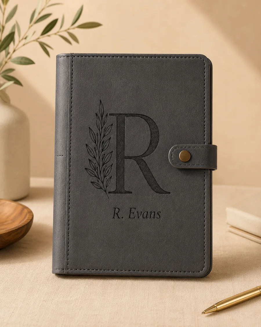 Gray leather journal engraved with initial R and name R. Evans
