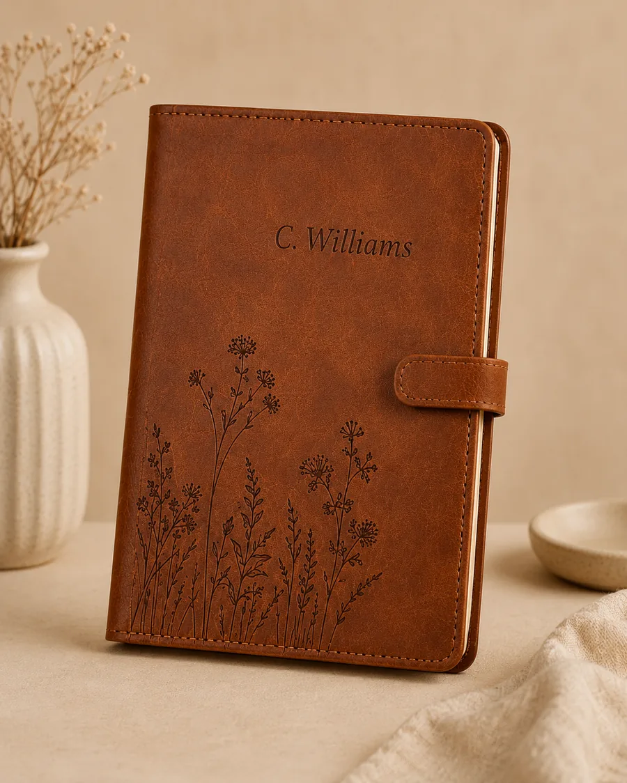 Brown leather journal engraved with name C. Williams and botanical design