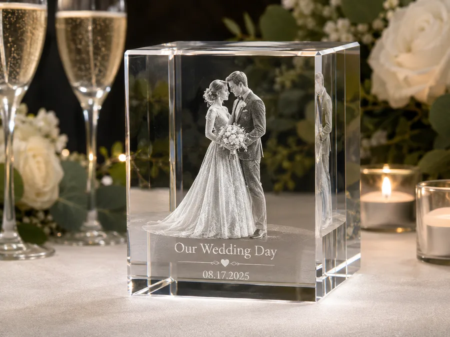 3D crystal photo engraving of a wedding couple