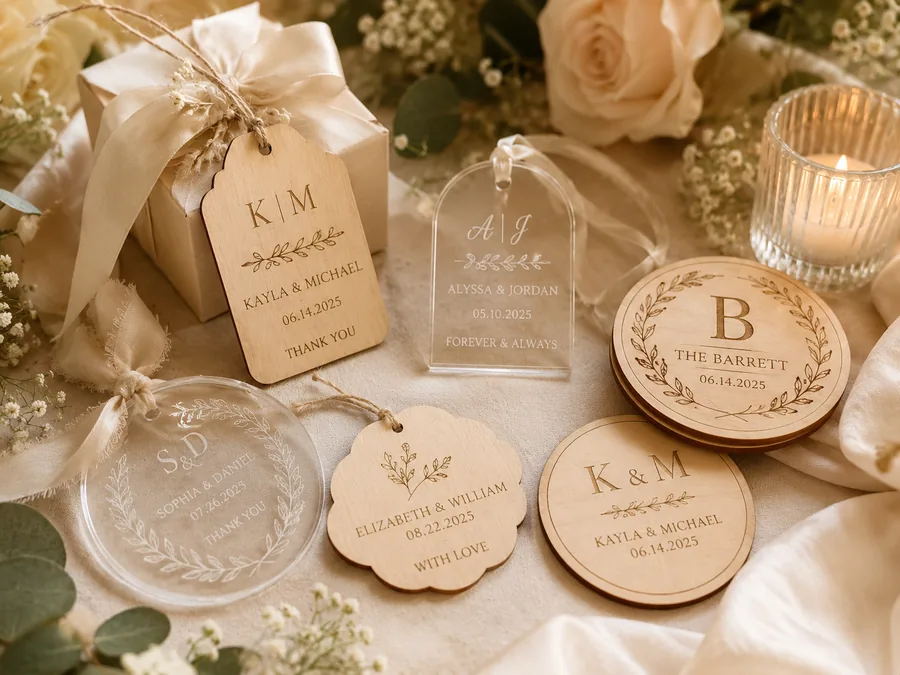 Engraved wedding favor tags and coasters