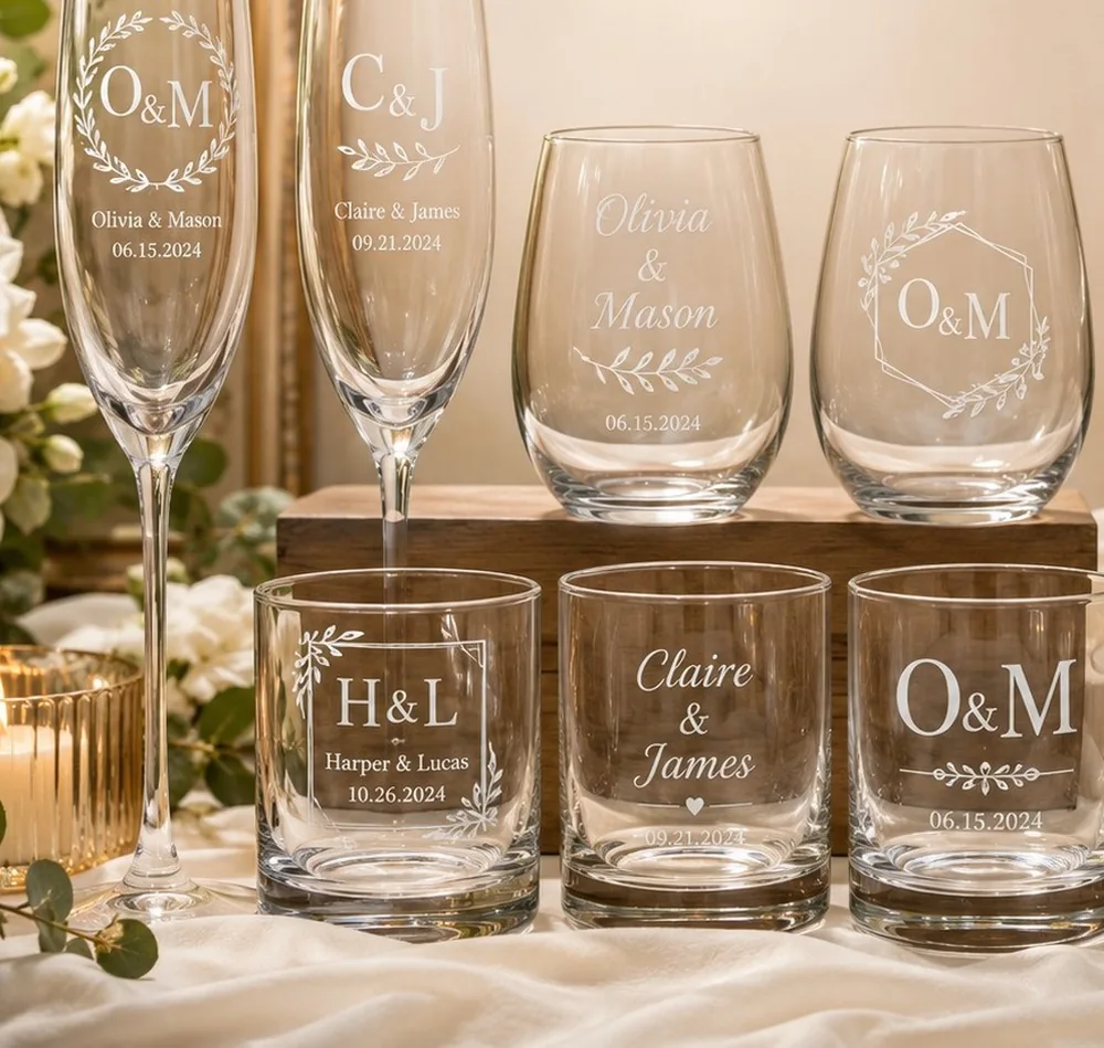 Engraved champagne flutes, stemless wine glasses, and rocks glasses with names and dates