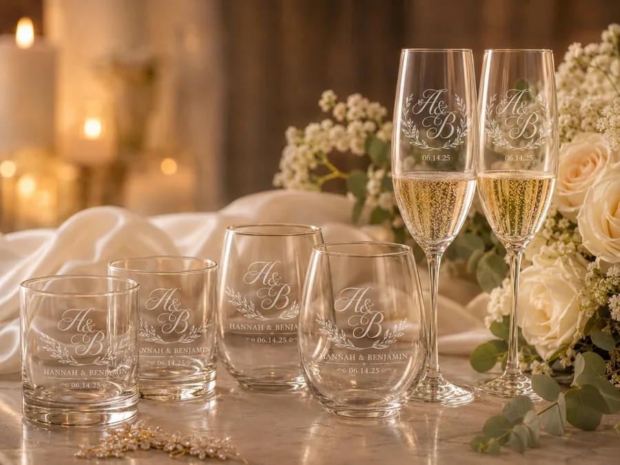 Engraved wedding glassware set