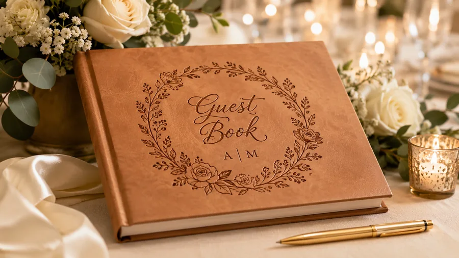Engraved leather wedding guest book
