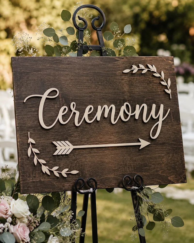 Wood arrow sign reading Ceremony on an easel stand