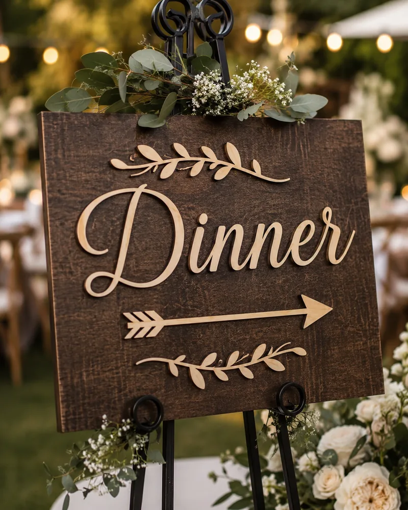 Wood arrow sign reading Dinner on an easel stand