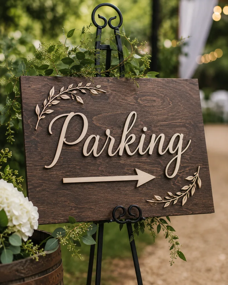 Wood arrow sign reading Parking on an easel stand