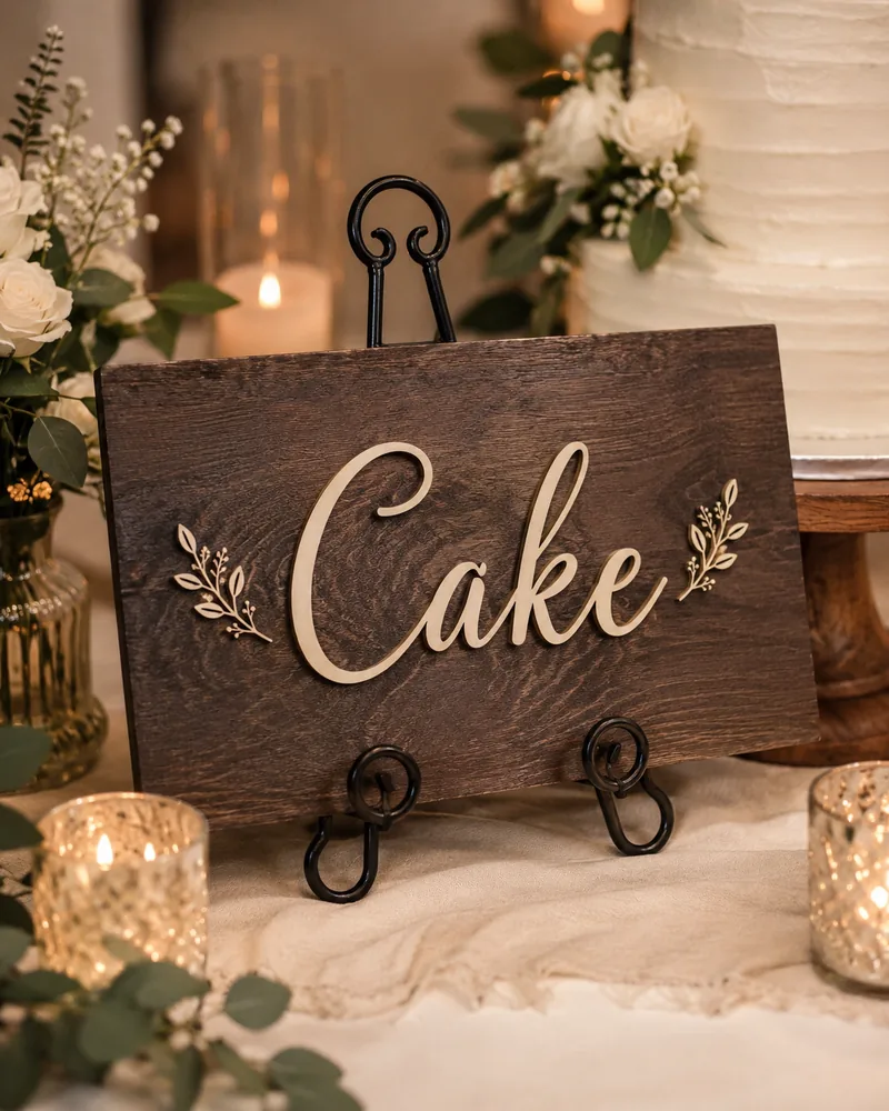 Wood sign reading Cake on an easel stand near the dessert table