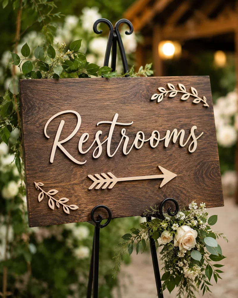 Wood arrow sign reading Restrooms on an easel stand