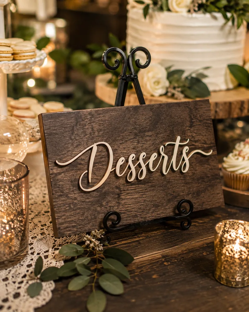 Wood sign reading Desserts on an easel stand near the dessert table