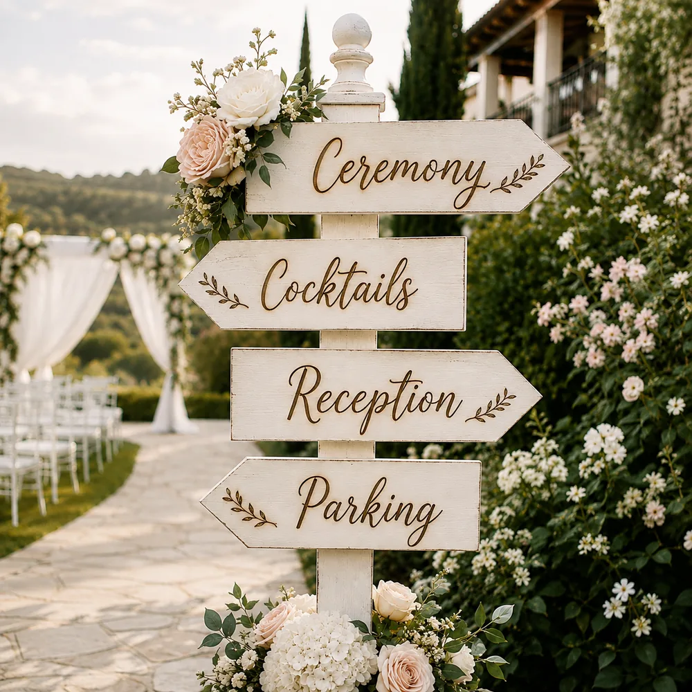 Wooden welcome and directional wedding signs