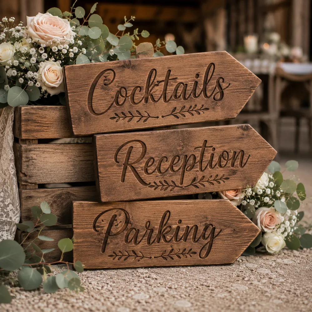 Stacked wood directional arrow signs for cocktails, reception and parking