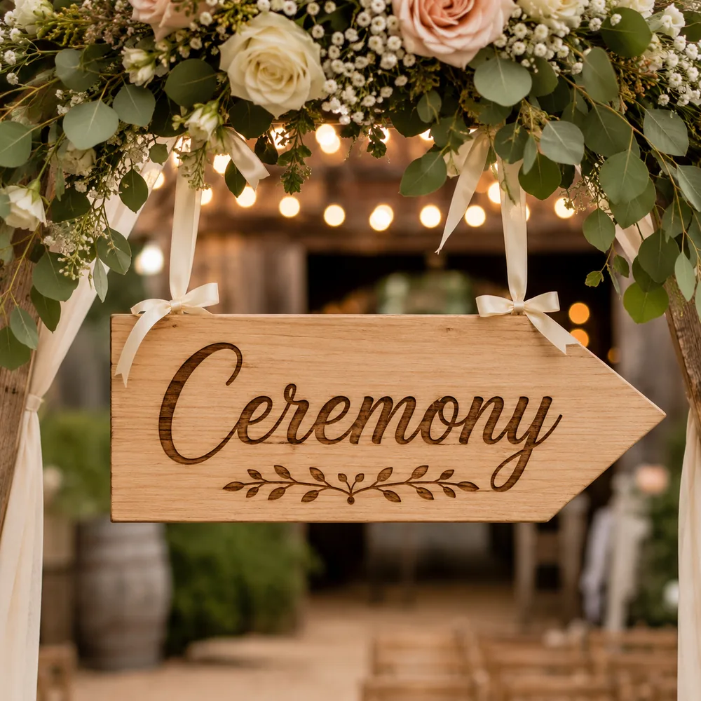 Wood arrow sign pointing guests to the ceremony, hung on a floral arch
