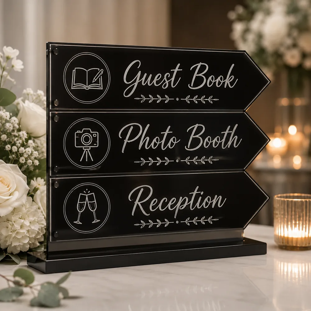 Black acrylic directional sign for guest book, photo booth and reception