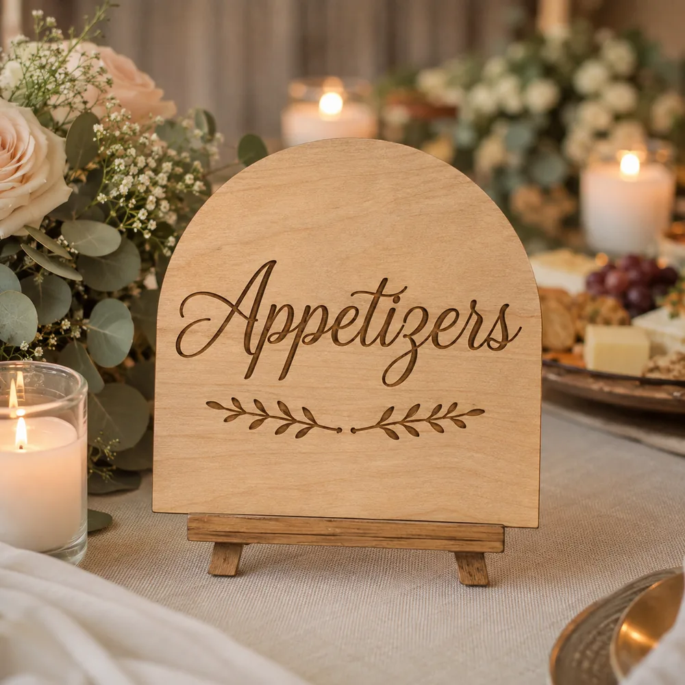 Arched wood sign reading Appetizers displayed on a tabletop easel