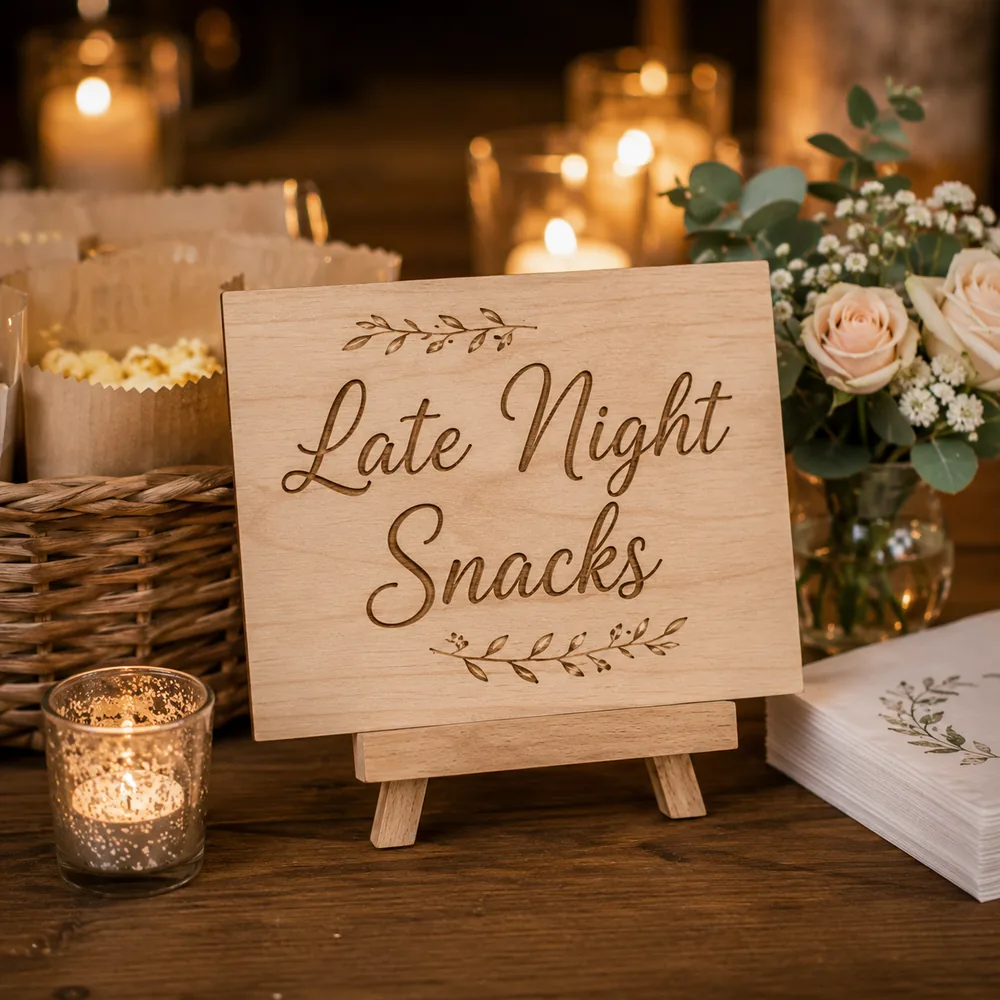 Wood sign reading Late Night Snacks displayed among wedding florals