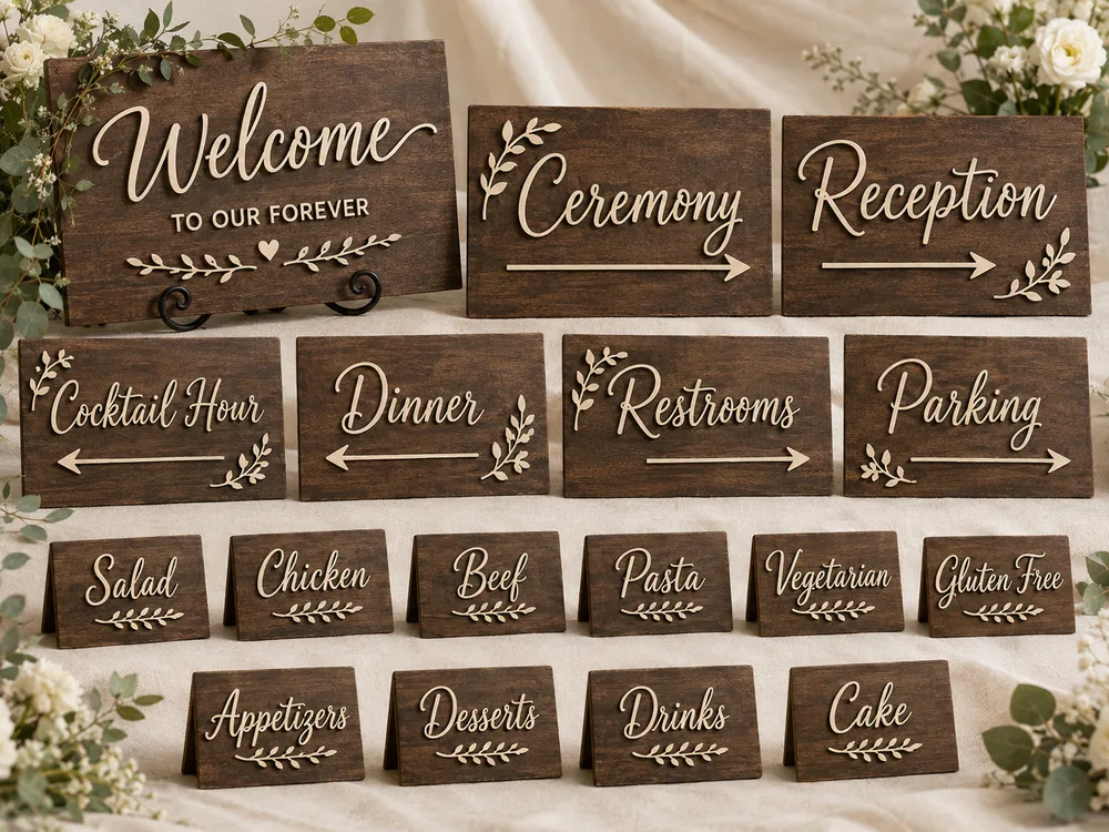 Full wedding signage set including welcome sign and reception place cards