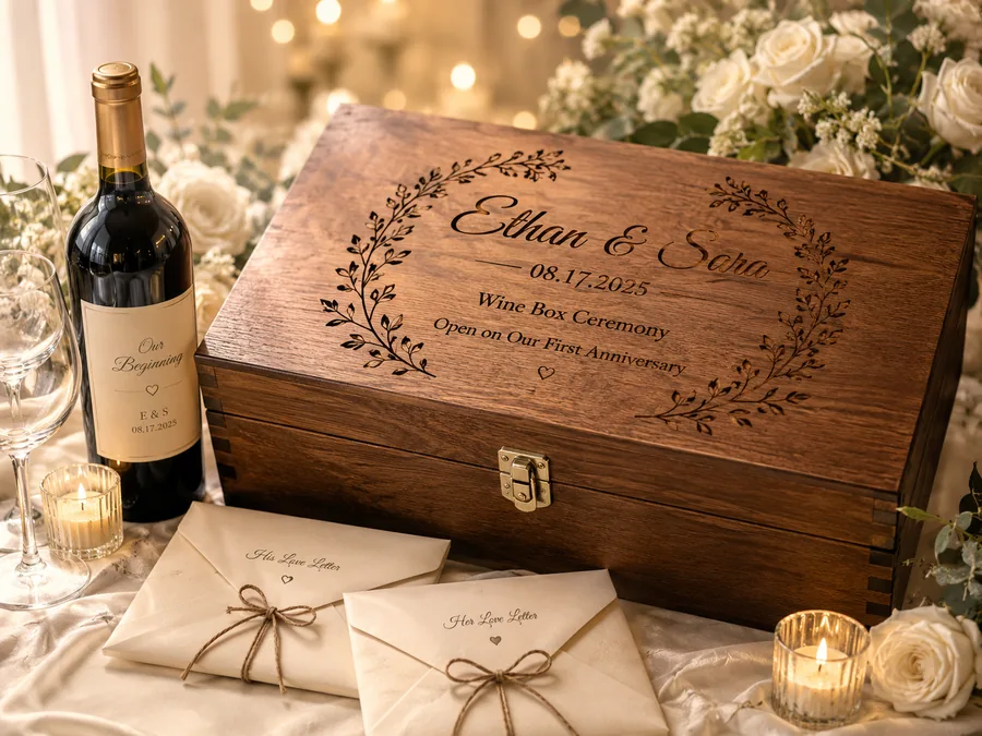 Engraved wooden wine box ceremony set