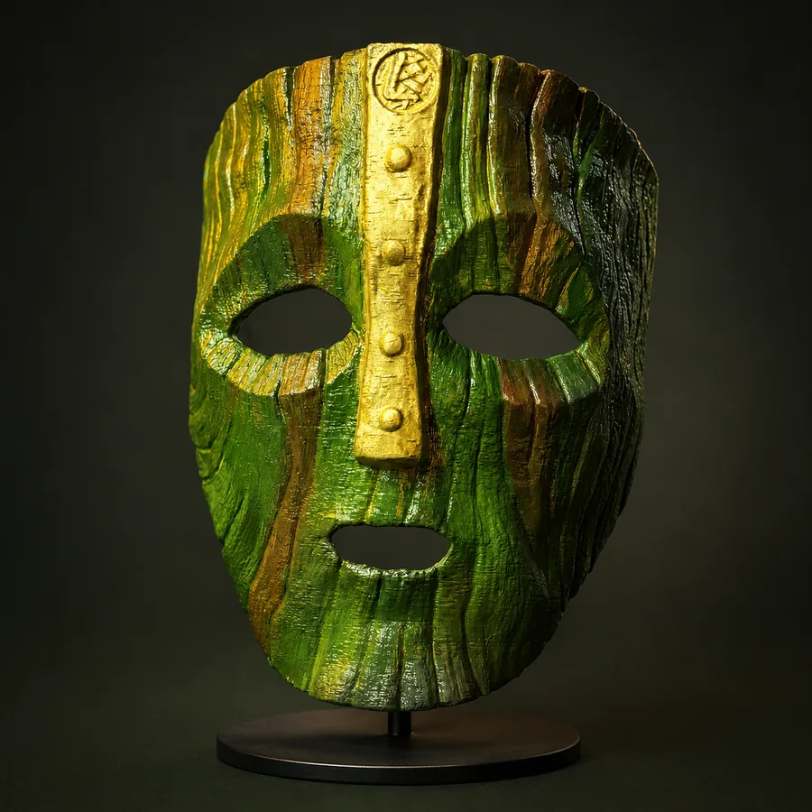 Sculptural 3D printed character mask on a display stand