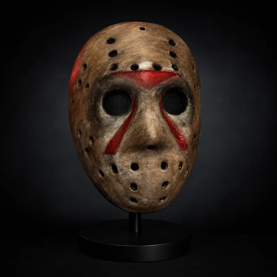 Sculptural 3D printed hockey-style character mask on a display stand