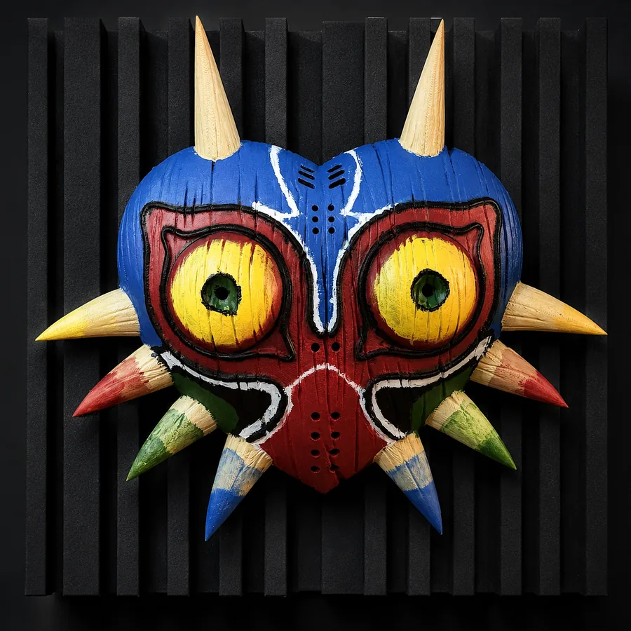Sculptural 3D printed character mask, mounted on an acoustic panel wall