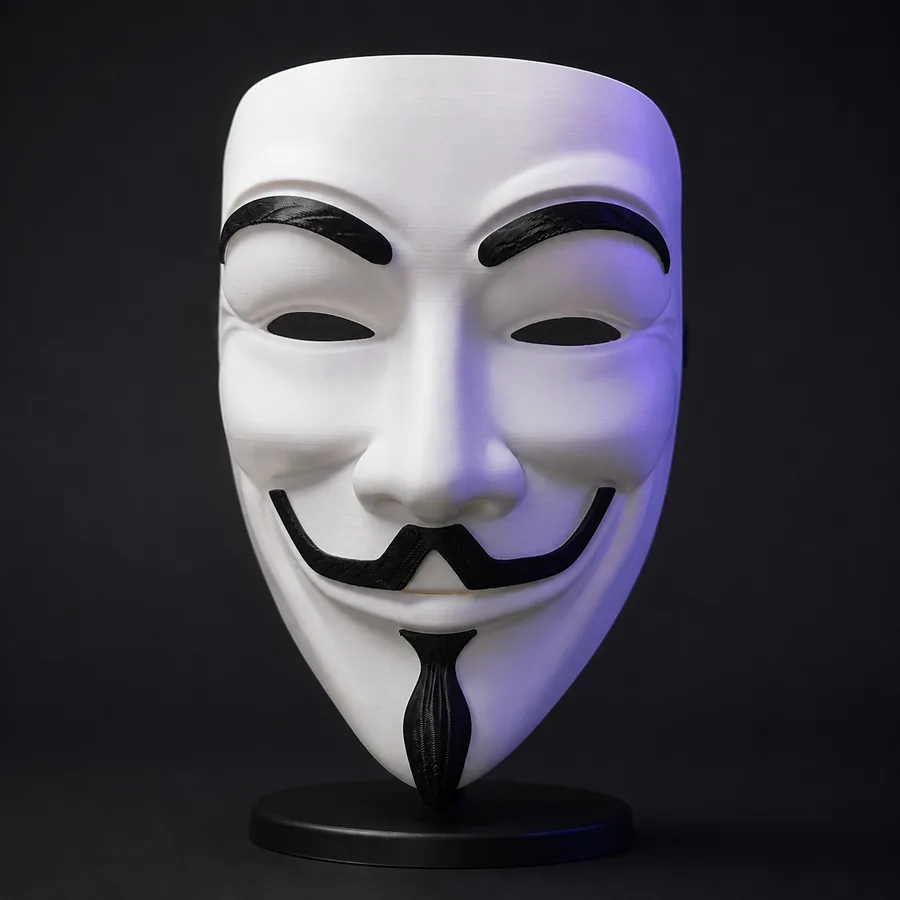 Sculptural 3D printed masquerade-style mask on a display stand