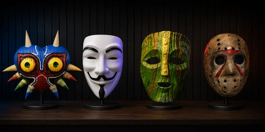 A lineup of sculptural 3D printed character masks
