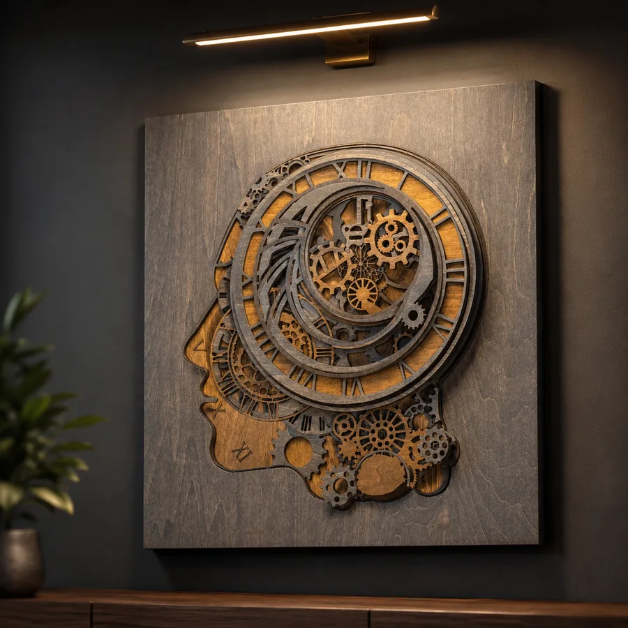 Layered laser-cut wall art of a clockwork portrait