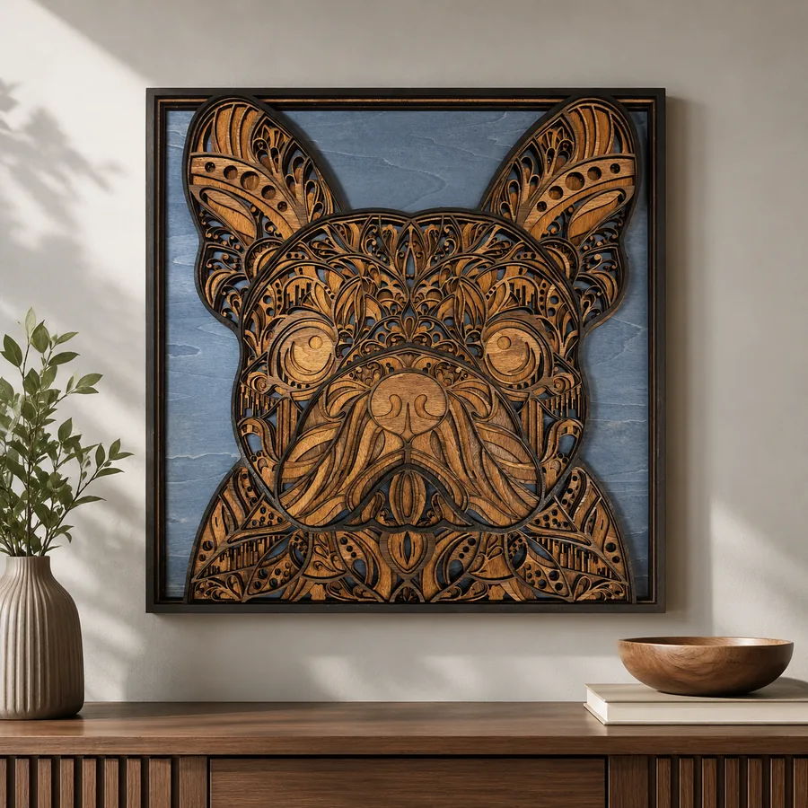 Layered laser-cut wall art of a dog portrait