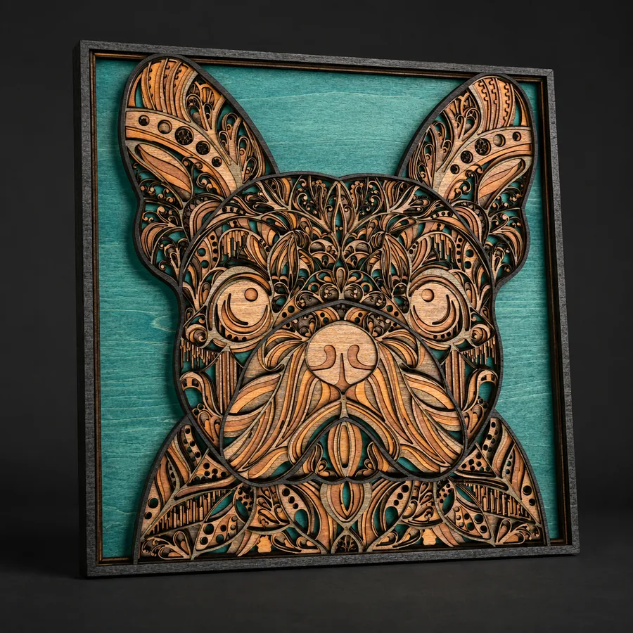 Layered laser-cut wall art of a dog portrait on teal background