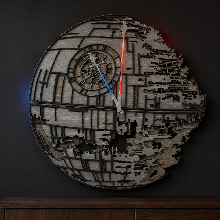 Layered wood wall clock shaped like a spherical space station