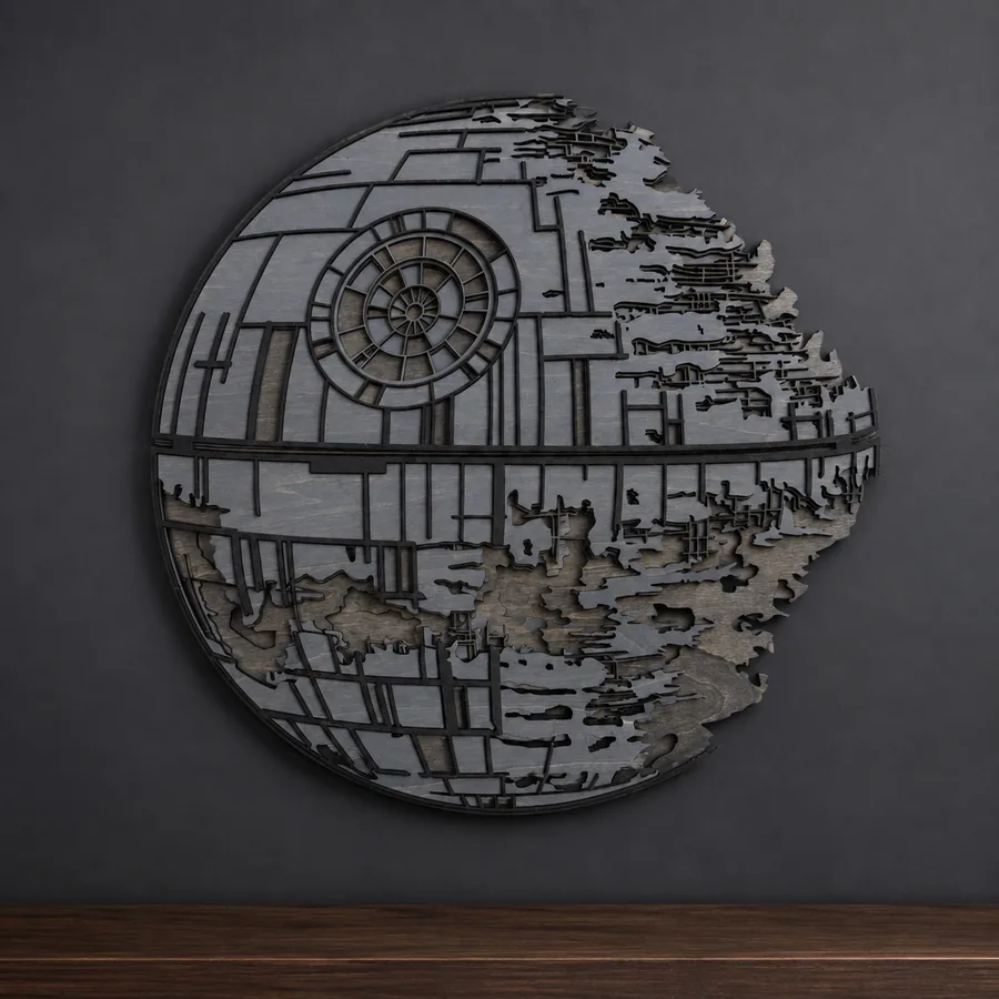 Layered wood wall art shaped like a spherical space station, wall-mounted