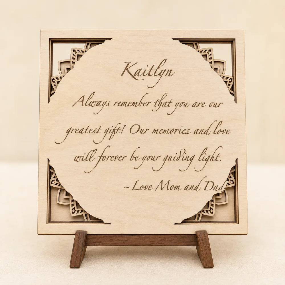Personalized wood keepsake plaque engraved with a heartfelt message and mandala corners, displayed on an easel