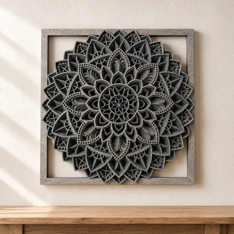 Layered laser-cut mandala wall art