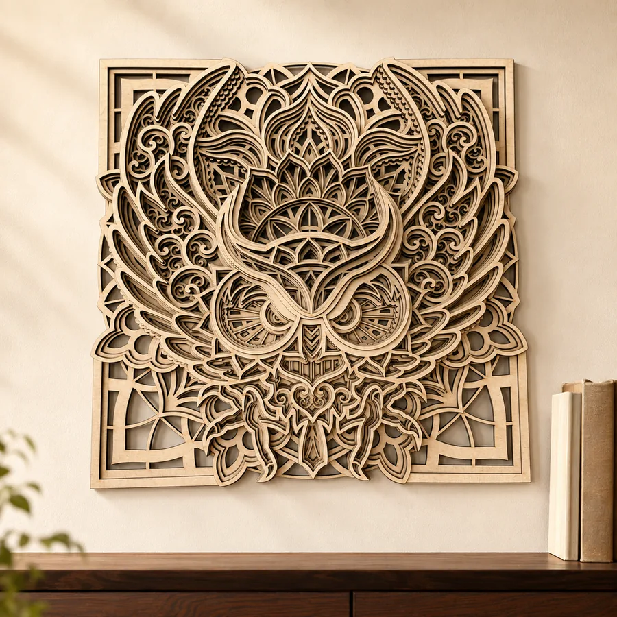 Layered laser-cut owl mandala wall art in natural wood