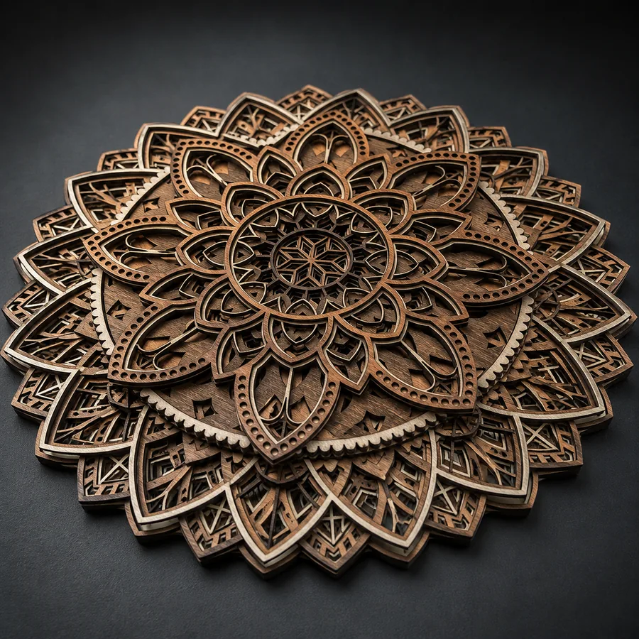 Close-up detail of layered laser-cut mandala wall art